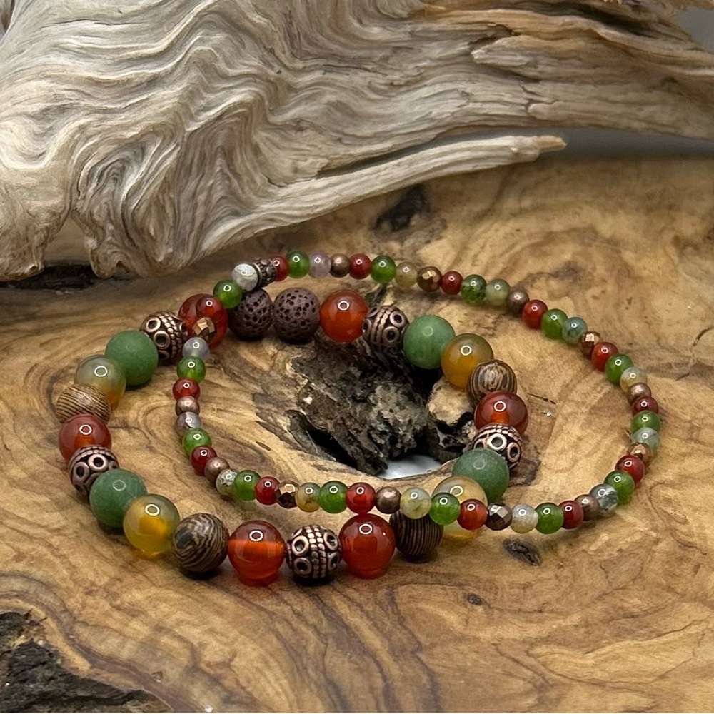 Colorful Semiprecious Beaded Bracelet & Anklet Set. Carnelian, Jade, rosewood,